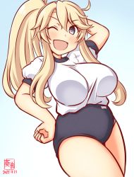 Rule 34 | 1girl, alternate hairstyle, arm behind head, blonde hair, blue buruma, blue eyes, breasts, buruma, cowboy shot, gym shirt, gym uniform, iowa (kancolle), kanon (kurogane knights), kantai collection, large breasts, looking at viewer, official alternate costume, one-hour drawing challenge, one eye closed, open mouth, shirt, short sleeves, simple background, smile, solo, star-shaped pupils, star (symbol), symbol-shaped pupils, white background, white shirt