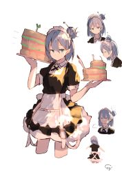 Rule 34 | 1girl, puff of air, aqua eyes, artist name, cake, closed mouth, cropped legs, enj!, expressionless, food, from side, grey hair, hair between eyes, hair bun, highres, holding, holding food, holding tray, looking at viewer, maid, maid headdress, multiple views, original, pointy ears, short sleeves, signature, simple background, single hair bun, sketch, tray, white background