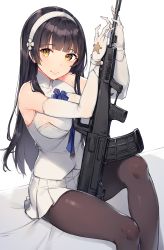Rule 34 | 1girl, assault rifle, bare shoulders, black hair, breasts, brown eyes, brown pantyhose, bullpup, commentary request, elbow gloves, flower, girls&#039; frontline, gloves, gun, hair flower, hair ornament, hairband, highres, holding, holding gun, holding weapon, knee up, large breasts, long hair, looking at viewer, name connection, object namesake, pantyhose, pleated skirt, qbz-95, rifle, rikoma, shirt, sitting, skirt, sleeveless, sleeveless shirt, solo, type 95 (girls&#039; frontline), very long hair, weapon, white flower, white gloves, white hairband, white shirt, white skirt