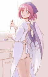Rule 34 | 1girl, animal ears, apron, ass, bird ears, bird wings, blue headwear, blush, feathered wings, head scarf, holding, holding ladle, kappougi, ladle, long sleeves, mystia lorelei, naked apron, parted lips, pink background, pink hair, rangycrow, short hair, solo, touhou, white wings, wings