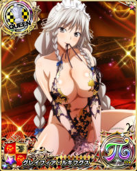Rule 34 | 1girl, blue bow, bow, braid, breasts, card (medium), chess piece, cleavage, female focus, grayfia lucifuge, grey eyes, grey hair, hair bow, high school dxd, large breasts, long hair, looking at viewer, maid headdress, matching hair/eyes, mature female, mouth hold, navel, official art, queen (chess), smile, twin braids