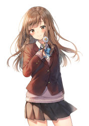 Rule 34 | 1girl, bad id, bad twitter id, black skirt, blazer, blue bow, blush, bow, brown eyes, brown hair, brown jacket, brown sweater, closed mouth, collared shirt, commentary request, dress shirt, flower, hand up, holding, holding flower, jacket, long hair, long sleeves, looking at viewer, midorikawa you, original, pleated skirt, school uniform, shirt, simple background, skirt, sleeves past wrists, smile, solo, sweater, white background, white flower, white shirt