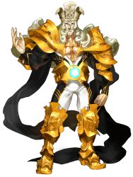 Rule 34 | 10s, 1boy, alpha transparency, armor, beard, boots, closed mouth, cross, crown, facial hair, fate/extella, fate/extella link, fate/extra, fate (series), full body, gold armor, gold footwear, highres, karl der grosse (fate), long hair, male focus, pectorals, smile, solo, transparent background, wada arco, white hair