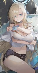 Rule 34 | 1girl, absurdres, asuna (blue archive), bare shoulders, blue archive, blue eyes, breasts, cleavage, highres, light brown hair, long hair, looking at viewer, shirt, smile, solo, white shirt, zombie ke