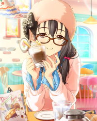 Rule 34 | 10s, 1girl, black hair, bow, chair, food, fujiwara hajime, glass, glasses, hair bow, hat, holding, ice cream, idolmaster, idolmaster cinderella girls, jewelry, long hair, looking at viewer, necklace, official art, purple eyes, restaurant, sitting, smile, solo, sundae, table, wafer stick