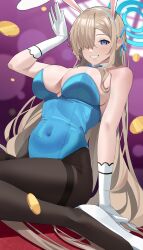 Rule 34 | 1girl, absurdres, asuna (blue archive), blue archive, blue eyes, breasts, cleavage, haerge, highres, large breasts, leotard, light brown hair, long hair, looking at viewer, playboy bunny, smile, solo