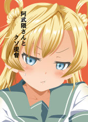 Rule 34 | 10s, 1girl, abukuma (kancolle), blonde hair, blue eyes, blush, commentary request, double bun, hair bun, hair rings, kantai collection, long hair, looking at viewer, parted bangs, pout, red background, sailor collar, sailor shirt, shino (ponjiyuusu), shirt, sidelocks, solo, sweatdrop, translated, twintails, upper body