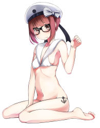 Rule 34 | 10s, 1girl, anchor, bad id, bad pixiv id, beret, bespectacled, bikini, black-framed eyewear, bow, breasts, brown eyes, brown hair, full body, glasses, hat, hat bow, highres, kantai collection, kneeling, looking at viewer, military hat, nekobaka, sailor bikini, sailor collar, sailor hat, short hair, simple background, sitting, small breasts, solo, striped, striped bow, swimsuit, wariza, white background, white bikini, white hat, z3 max schultz (kancolle)