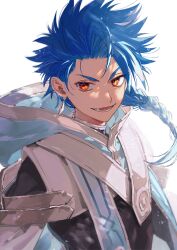 Rule 34 | 1boy, aqua capelet, asymmetrical bangs, blue hair, bodysuit, bodysuit under clothes, braid, braided ponytail, capelet, child, cu chulainn (fate), earrings, fate/grand order, fate (series), highres, hood, hood down, hooded capelet, jewelry, long hair, looking at viewer, male focus, red eyes, setanta (fate), simple background, smile, solo, spiked hair, uni (nico02), upper body, white background