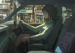 Rule 34 | 1girl, backpack, bag, black eyes, black hair, building, car, car interior, city, cityscape, commentary request, dashboard, driving, from side, highres, hood, hoodie, long sleeves, motor vehicle, original, outdoors, scenery, seatbelt, shadow, short hair, sitting, solo, tokunaga akimasa, vehicle interior, white hoodie