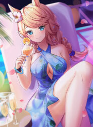 Rule 34 | #summer #besties (umamusume), 1girl, animal ears, aqua eyes, bare shoulders, bead bracelet, beads, blonde hair, blue dress, blurry, blurry background, bracelet, braid, braided ponytail, breasts, chair, cleavage, closed mouth, cocktail glass, cup, diffraction spikes, dress, drinking glass, feet out of frame, floral print, flower, gold city (gentle moon) (umamusume), gold city (umamusume), hair flower, hair ornament, hibiscus, highres, holding, holding cup, horse ears, horse girl, jewelry, long hair, looking at viewer, lounge chair, medium breasts, petals, reclining, rukinya (nyanko mogumogu), sleeveless, sleeveless dress, smile, solo, umamusume, wristband