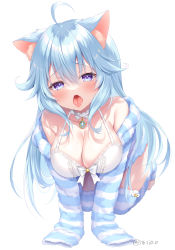 Rule 34 | 1girl, ahoge, all fours, animal ears, blue eyes, blue hair, blush, bra, breasts, cat ears, cleavage, collarbone, commentary request, gem, hair between eyes, highres, indie virtual youtuber, itsuki jun, kanase ito, large breasts, long hair, long sleeves, looking at viewer, open mouth, purple eyes, saliva, saliva trail, sidelocks, solo, striped clothes, striped sweater, striped thighhighs, sweater, thighhighs, tongue, tongue out, twitter username, underwear, virtual youtuber, white bra