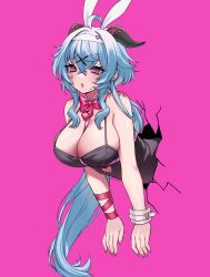Rule 34 | 1girl, absurdres, ahoge, animal ears, black leotard, blue hair, breasts, cleavage, commentary, fake animal ears, ganyu (genshin impact), genshin impact, hair ornament, hairband, highres, horns, large breasts, leotard, long hair, nemuaki, pink background, playboy bunny, rabbit ears, rabbit hole (vocaloid), simple background, solo, stuck, through wall, x hair ornament