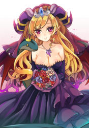 Rule 34 | 1girl, bare shoulders, blonde hair, bouquet, breasts, cleavage, collarbone, crown, deanna 2, demon girl, dress, earrings, flower, formal, gloves, heart, heart earrings, horns, jewelry, lilith (p&amp;d), long hair, mini crown, pendant, pointy ears, purple eyes, puzzle &amp; dragons, smile, snake, solo, strapless, strapless dress, wavy hair, wings