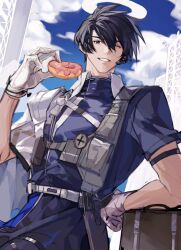 Rule 34 | 1boy, arknights, black eyes, black hair, blue shirt, blue sky, character request, chexiuxiuxiu, cloud, cloudy sky, commentary request, day, doughnut, food, gloves, grin, hair between eyes, halo, hand on own hip, hand up, headset, highres, holding, holding food, looking at viewer, male focus, one eye closed, outdoors, shirt, short sleeves, sky, smile, solo, white gloves