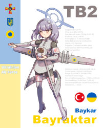 Rule 34 | 1girl, acea4, aerial bomb, airplane wing, baykar, bayraktar tb2, black bodysuit, bodysuit, boots, brown eyes, drone, english text, grey hair, guided bomb, halo, high heel boots, high heels, highres, laser-guided bomb, long sleeves, mam-l, mam (smart micro munition), military, military vehicle, original, personification, precision-guided munition, roketsan, russo-ukrainian war, short hair, solo, thermobaric bomb, thermobaric weapon, thigh boots, thighhighs, turkey (country), ukraine, unmanned aerial vehicle, unmanned combat aerial vehicle, weapon