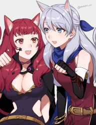 Rule 34 | 1girl, animal ears, bare shoulders, black cape, bodysuit, breasts, cape, cat day, cat ears, cat tail, choker, cleavage, clothing cutout, dress, facial mark, fire emblem, fire emblem: radiant dawn, fire emblem engage, gloves, grey hair, hair ornament, hair ribbon, half updo, highres, large breasts, long hair, micaiah (fire emblem), nintendo, official alternate eye color, open mouth, peach11 01, red eyes, red hair, ribbon, scarf, side cutout, sleeveless, sleeveless dress, smile, solo, star (symbol), star facial mark, star hair ornament, tail, yunaka (fire emblem)