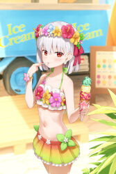 Rule 34 | 1girl, bare shoulders, fate/grand order, fate (series), food, grey hair, ice cream, kama (fate), kamo ashi, looking at viewer, outdoors, red eyes, short hair, smile, solo, swimsuit