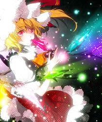 Rule 34 | 1girl, ascot, blonde hair, crystal, female focus, flandre scarlet, floating hair, frilled skirt, frills, garamgum, glowing, hat, licking, mob cap, puffy short sleeves, puffy sleeves, red eyes, short sleeves, side ponytail, skirt, solo, touhou, white hat, wings, yellow ascot