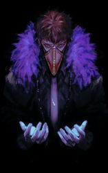 Rule 34 | 1boy, black background, black jacket, boku no hero academia, brown hair, feather trim, feathers, gloves, head down, jacket, looking at viewer, male focus, mask, mouth mask, namuto (t0seganam), open hands, overhaul (boku no hero academia), plague doctor mask, purple feathers, raised eyebrow, short hair, solo, tenebrism, upper body, white gloves, yellow eyes