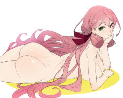 Rule 34 | 10s, 1girl, akashi (kancolle), ass, bad id, bad pixiv id, ban! (bansankan), breast press, breasts, green eyes, head rest, kantai collection, large breasts, long hair, looking at viewer, lying, nude, on stomach, pink hair, simple background, smile, solo, very long hair, white background