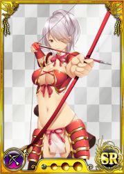 Rule 34 | 1girl, arrow (projectile), bow (weapon), breasts, card (medium), checkered background, cleavage, detached collar, dmm, fundoshi, japanese clothes, legs, looking at viewer, navel, nobunaga wa ore no yome. hime bushou 1000-ningiri, official art, pink eyes, short hair, simple background, small breasts, smile, solo, standing, thighhighs, thighs, trading card, weapon, white hair