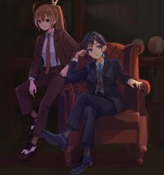 Rule 34 | 2girls, ahoge, armchair, black suit, blue eyes, blue hair, bow, bow earrings, brown eyes, brown hair, brown suit, business suit, chair, collared shirt, dress shirt, dress shoes, earrings, feather hair ornament, feathers, formal, hair intakes, hair ornament, hairclip, hololive, hololive english, jacket, jewelry, kisuu (oddnumberr ), long hair, multicolored hair, multiple girls, nail polish, nanashi mumei, necktie, ouro kronii, pant suit, pants, pinstripe pattern, ponytail, shirt, short hair, sitting, smile, socks, streaked hair, striped, suit, suit jacket, very long hair, vest, virtual youtuber, white shirt