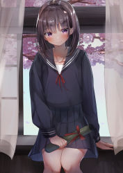 Rule 34 | 1girl, black hair, black sailor collar, black shirt, black skirt, blurry, blush, cherry blossoms, closed mouth, collarbone, commentary request, curtains, day, depth of field, highres, holding, indoors, long hair, long sleeves, looking at viewer, mochi nabe, mole, mole under eye, original, pleated skirt, purple eyes, red neckwear, red ribbon, ribbon, sailor collar, school uniform, serafuku, shirt, sidelocks, sitting, skirt, smile, solo, tree, window