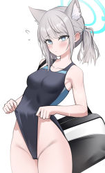 Rule 34 | 1girl, absurdres, adjusting clothes, adjusting swimsuit, animal ear fluff, animal ears, bag, blue archive, blue eyes, blue one-piece swimsuit, blue scrunchie, blush, breasts, cameltoe, clothes pull, collarbone, competition swimsuit, cowboy shot, duffel bag, grey hair, hair ornament, halo, highres, holding, holding bag, looking at viewer, medium breasts, multicolored clothes, multicolored swimsuit, one-piece swimsuit, one-piece swimsuit pull, otakummm, ponytail, pulled by self, scrunchie, shiroko (blue archive), shiroko (swimsuit) (blue archive), simple background, solo, swimsuit, wedgie, white background