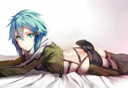 Rule 34 | 10s, 1girl, aqua eyes, ass, blue hair, breasts, butt crack, glint, green eyes, hair ornament, hews, holster, jacket, looking at viewer, lying, on stomach, parted lips, short hair, short shorts, shorts, sinon, small breasts, solo, sword art online
