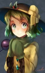 Rule 34 | 1girl, buttons, closed mouth, eyelashes, flower, frilled sleeves, frills, gloves, green eyes, green gloves, green hair, green scarf, green shirt, hands up, hat, hat flower, hat ornament, hat ribbon, highres, holly, komeiji koishi, long sleeves, looking at viewer, matching hair/eyes, mittens, own hands together, ribbon, scarf, shirt, short hair, signature, smile, solo, string, third eye, touhou, upper body, welt (kinsei koutenkyoku), wide sleeves, yellow ribbon