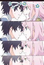 Rule 34 | 10s, 1boy, 1girl, black hair, blue eyes, blush, couple, darling in the franxx, closed eyes, face-to-face, green eyes, highres, hiro (darling in the franxx), horns, leje39, long hair, looking at viewer, oni horns, pink hair, short hair, star (symbol), zero two (darling in the franxx)