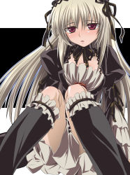 Rule 34 | 00s, 1girl, doll joints, dress, frills, gucchi, hairband, joints, kneehighs, long hair, purple eyes, ribbon, rozen maiden, silver hair, sitting, socks, solo, suigintou