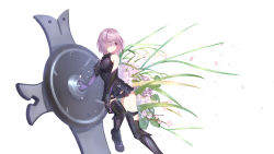 Rule 34 | 1girl, armor, armored boots, black footwear, black gloves, black leotard, black thighhighs, boots, elbow gloves, eyes visible through hair, fate/grand order, fate (series), flower, gloves, hair between eyes, hair over one eye, highres, holding, holding shield, leg up, leotard, mash kyrielight, nichts (nil), petals, purple eyes, purple hair, shield, short hair, simple background, sleeveless, solo, thigh boots, thighhighs, white background, white flower