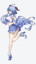 Rule 34 | 1girl, ahoge, alternate costume, ass, bare shoulders, blue hair, blue skirt, boots, cheerleader, commentary request, crop top, full body, ganyu (genshin impact), genshin impact, grey background, hair between eyes, high heel boots, high heels, highres, horns, long hair, looking at viewer, midriff, miniskirt, pleated skirt, pom pom (cheerleading), purple eyes, shirt, simple background, skirt, smile, solo, srpzk, thighs, very long hair, white footwear, white shirt
