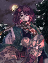 Rule 34 | 1girl, baggy pants, boots, brown pants, checkered clothes, checkered scarf, cloud, commentary, commentary request, dark clouds, forest, full moon, futatsuiwa mamizou, futatsuiwa mamizou (human), glasses, green kimono, hand on own knee, highres, holding, holding smoking pipe, japanese clothes, kimono, looking at viewer, medium hair, moon, nature, open mouth, outdoors, pants, pom pom (clothes), purple-framed eyewear, purple footwear, purple hair, scarf, sitting, smile, smoking pipe, snowing, solo, sutaku77224, touhou, tree, wide sleeves