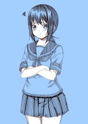 Rule 34 | 10s, 1girl, :t, blue background, blue theme, commentary request, cowboy shot, crossed arms, female focus, fubuki (kancolle), kantai collection, kouji (campus life), looking at viewer, low ponytail, miniskirt, monochrome, necktie, pleated skirt, ponytail, pout, school uniform, serafuku, short hair, short ponytail, short sleeves, simple background, sketch, skirt, solo, squiggle