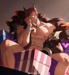 Rule 34 | 1boy, abs, alternate hairstyle, animal ear request, animal ears, bara, bare pectorals, box, come hither, feather boa, gift, gift art, gift box, grin, hair over one eye, head tilt, highres, large pectorals, league of legends, looking at viewer, male focus, muscular, muscular male, navel, nipples, orange eyes, pectorals, red hair, seductive smile, sett (league of legends), short hair, smile, solo, spread legs, stomach, thighs, xiaolumiaoliya