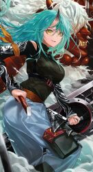 Rule 34 | 1girl, absurdres, arknights, arm ribbon, arm scarf, black shirt, breasts, clothing cutout, facial scar, feet out of frame, fighting stance, green hair, grey pants, highres, holding, holding shield, holding sword, holding weapon, horns, hoshiguma (arknights), hoshiguma (ronin huntress) (arknights), jewelry, katana, large breasts, long hair, looking at viewer, magatama, magatama necklace, mask, monge baby, necklace, official alternate costume, oni mask, pants, ready to draw, ribbon, scar, scar on cheek, scar on face, sheath, shield, shirt, shoulder cutout, single horn, skin-covered horns, smile, solo, sword, weapon, yellow eyes