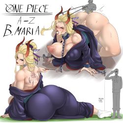Rule 34 | 1boy, 1girl, absurdres, ahegao, ass, back tattoo, bdsm, black maria (one piece), blonde hair, blue eyes, blush, bondage, bound, breasts, chain, clenched teeth, collar, colored skin, cuffs, curvy, english text, giant, giantess, grey skin, handcuffs, highres, horns, huge ass, huge breasts, large breasts, leash, lipstick, makeup, nail polish, nipples, one piece, puffy nipples, red lips, red nails, sex, sex from behind, simple background, size difference, slave, sunnysundown, sweatdrop, tall female, tattoo, teeth, thick thighs, thighs, white background, wide hips
