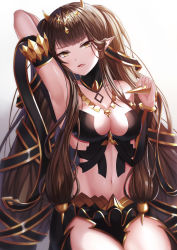 Rule 34 | $hu, 1girl, absurdres, arm up, armpits, black dress, breasts, brown eyes, brown hair, cleavage, dress, fate/apocrypha, fate/grand order, fate (series), highres, jewelry, long hair, looking at viewer, medium breasts, necklace, pointy ears, semiramis (fate), solo, spikes, very long hair