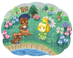 Rule 34 | 2girls, 3boys, ^ ^, animal crossing, apron, black eyes, blue apron, blue flower, blue umbrella, blush, blush stickers, boots (animal crossing), bow, building, bush, closed eyes, closed mouth, collared dress, commentary request, dog girl, dress, fang, flower, flower umbrella, furry, furry female, furry male, grass, green bow, green dress, hair bow, holding, holding umbrella, hydrangea, isabelle (animal crossing), lily (flower), moai (aoh), multiple boys, multiple girls, mushroom, nintendo, notice lines, outdoors, overcast, pine tree, pink flower, plaid, plaid bow, plaid dress, puffy short sleeves, puffy sleeves, purple flower, raccoon boy, rain, robin (animal crossing), shirt, short sleeves, sitting, sitting on tree stump, sky, smile, standing, striped clothes, striped shirt, timmy (animal crossing), tommy (animal crossing), topknot, transparent background, tree, tree stump, umbrella, vertical-striped clothes, vertical-striped shirt, waist apron, water, white flower