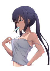 Rule 34 | 1girl, absurdres, black hair, breasts, brown eyes, camisole, camisole lift, cleavage, clothes lift, collarbone, commentary request, dress, food, food in mouth, highres, k-on!, long hair, nakano azusa, navel, nishizuki shino, popsicle, popsicle in mouth, simple background, small breasts, solo, standing, sweat, tan, tanline, twintails, upper body, white background, white dress