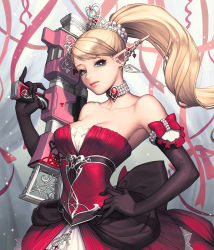 Rule 34 | 1girl, agnes (chaos online), blonde hair, blue eyes, breasts, card (medium), chaos online, choker, elbow gloves, gloves, gun, long hair, love cacao, official art, pointy ears, ponytail, solo, weapon