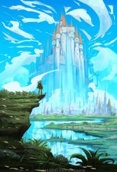 Rule 34 | 1boy, absurdres, anato finnstark, blonde hair, blue sky, castle, cloud, cloudy sky, commentary, day, english commentary, facing away, from behind, grass, highres, huge filesize, link, nintendo, outdoors, scenery, shield, sky, solo, standing, the legend of zelda, very wide shot