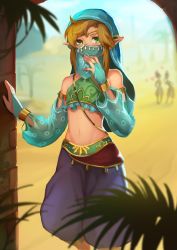 Rule 34 | 1boy, bare shoulders, blonde hair, blue eyes, bridal gauntlets, crossdressing, detached sleeves, gerudo set (zelda), green eyes, hands up, highres, jewelry, link, looking at viewer, male focus, midriff, mouth veil, navel, nintendo, official alternate costume, pointy ears, solo, stomach, the legend of zelda, the legend of zelda: breath of the wild, trap, veil, xiuluoyi00