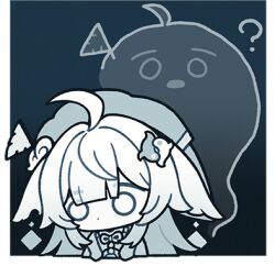 Rule 34 | 1girl, 1other, ?, ahoge, chibi, chinese clothes, flag, ghost, greyscale, hat, honkai: star rail, honkai (series), huohuo (honkai: star rail), long hair, lowres, monochrome, no mouth, official art, simple background, upper body, yin yang