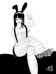 Rule 34 | 1girl, animal ears, breasts, rabbit ears, feet, fishnets, highres, large breasts, crossed legs, long hair, looking at viewer, monochrome, open mouth, pov, sitting, toes, underboob, wink