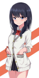 Rule 34 | 10s, 1girl, black hair, blue eyes, blush, bow, bowtie, cardigan, closed mouth, gridman universe, hands in pockets, highres, kohakope, long sleeves, looking at viewer, red bow, red bowtie, shirt, short hair, smile, solo, ssss.gridman, takarada rikka, white background, white cardigan, white shirt