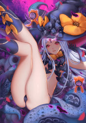 Rule 34 | 1girl, abigail williams (fate), abigail williams (third ascension) (fate), ass, black bow, black gloves, black hat, black legwear, black panties, bow, bow legwear, breasts, chococuco, fate/grand order, fate (series), gloves, hat, keyhole, legs, legs together, legs up, long hair, looking at viewer, orange bow, panties, parted lips, red eyes, small breasts, solo, spiral, star (symbol), star print, steam, stuffed animal, stuffed toy, teddy bear, testicles, thighs, underwear, very long hair, white hair, witch hat